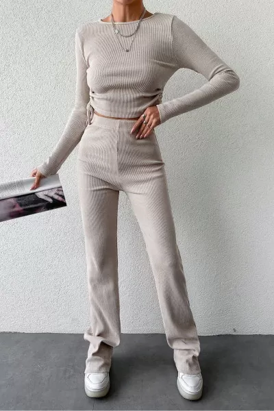 Taş Rengi Bisiklet Yaka Bluz Pantolon Kadın Alt Üst Takım