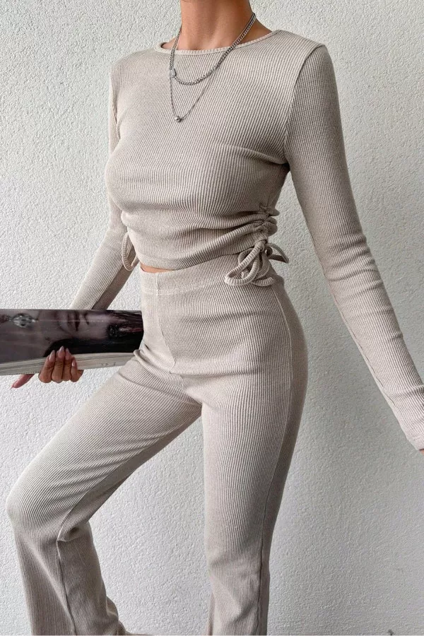 Taş Rengi Bisiklet Yaka Bluz Pantolon Kadın Alt Üst Takım