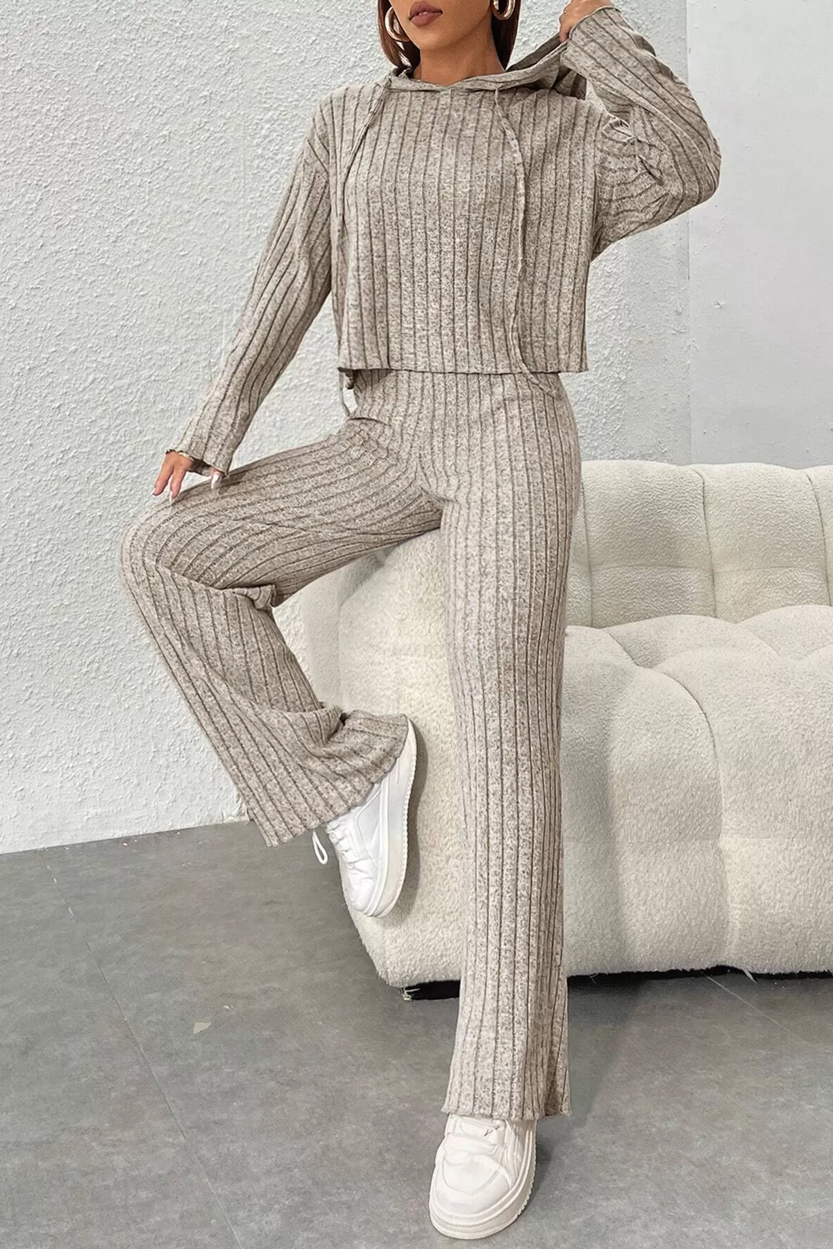 Taş Rengi Crop Bluz Pantolon Alt Üst Takım