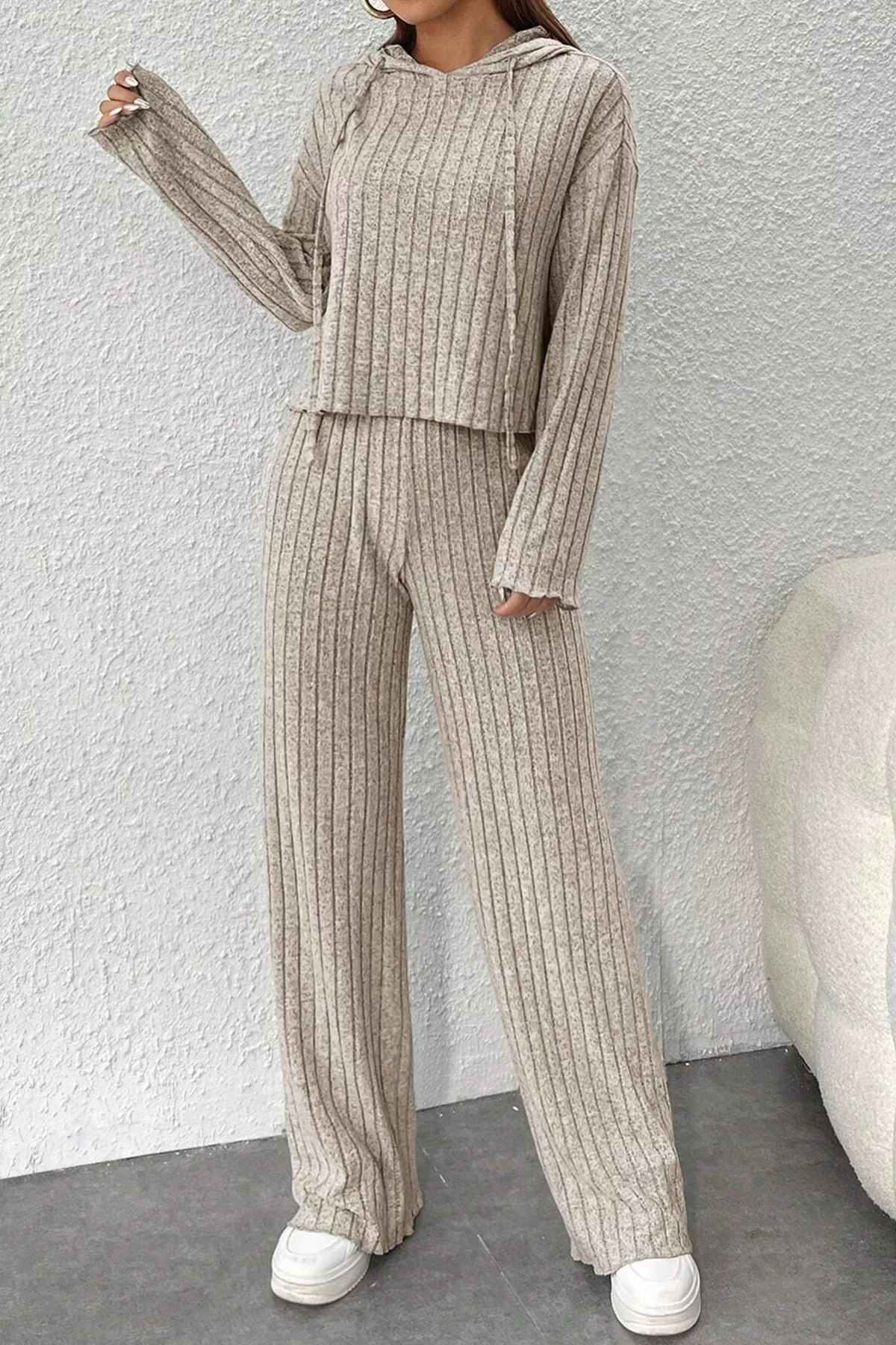 Taş Rengi Crop Bluz Pantolon Alt Üst Takım