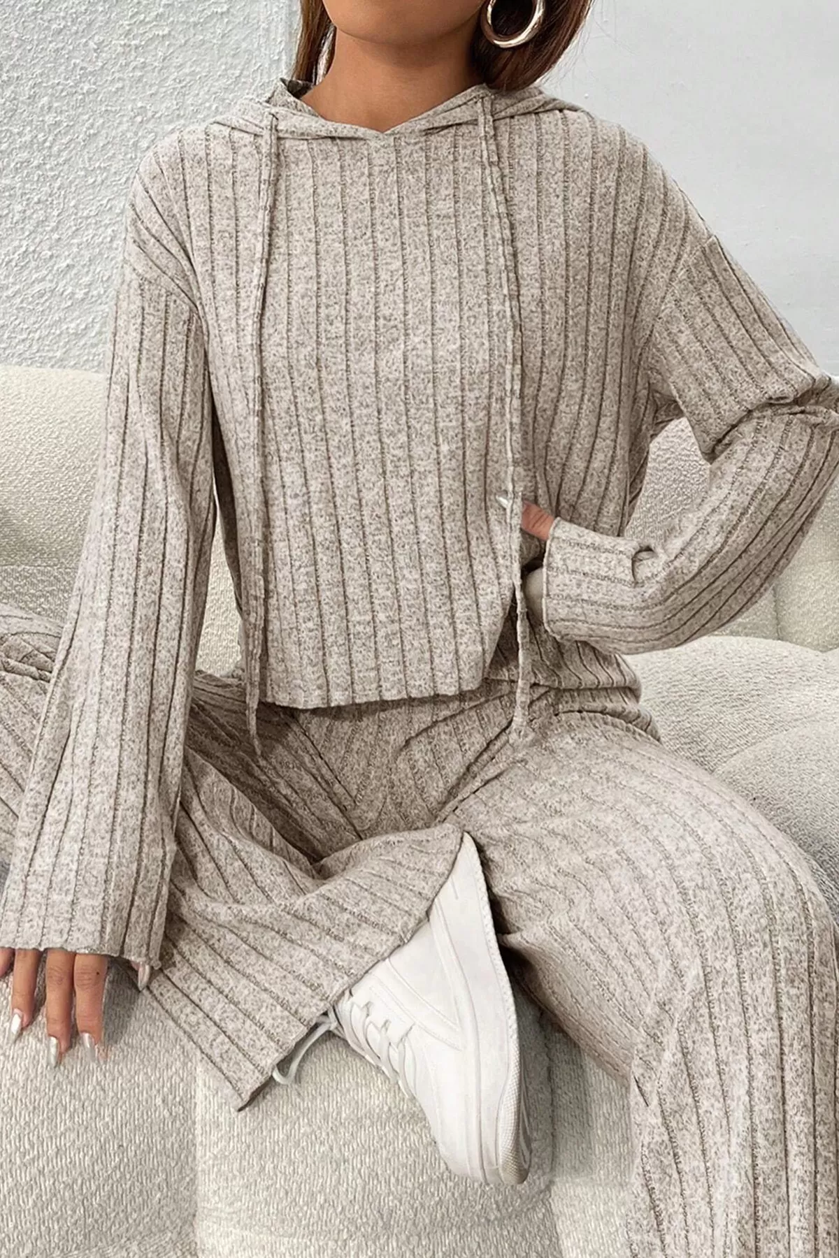 Taş Rengi Crop Bluz Pantolon Alt Üst Takım