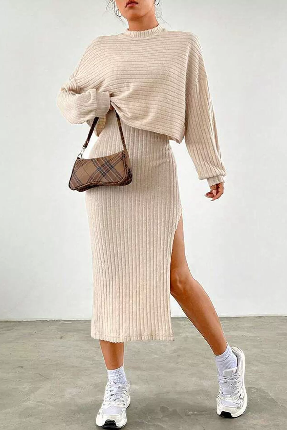 Taş Rengi Elbise Bluz Alt Üst Takım