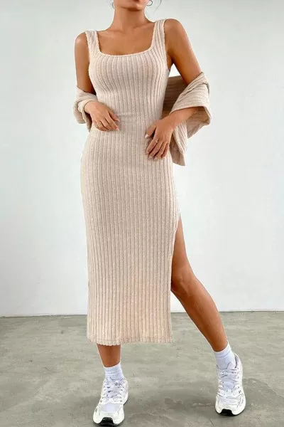 Taş Rengi Elbise Bluz Alt Üst Takım