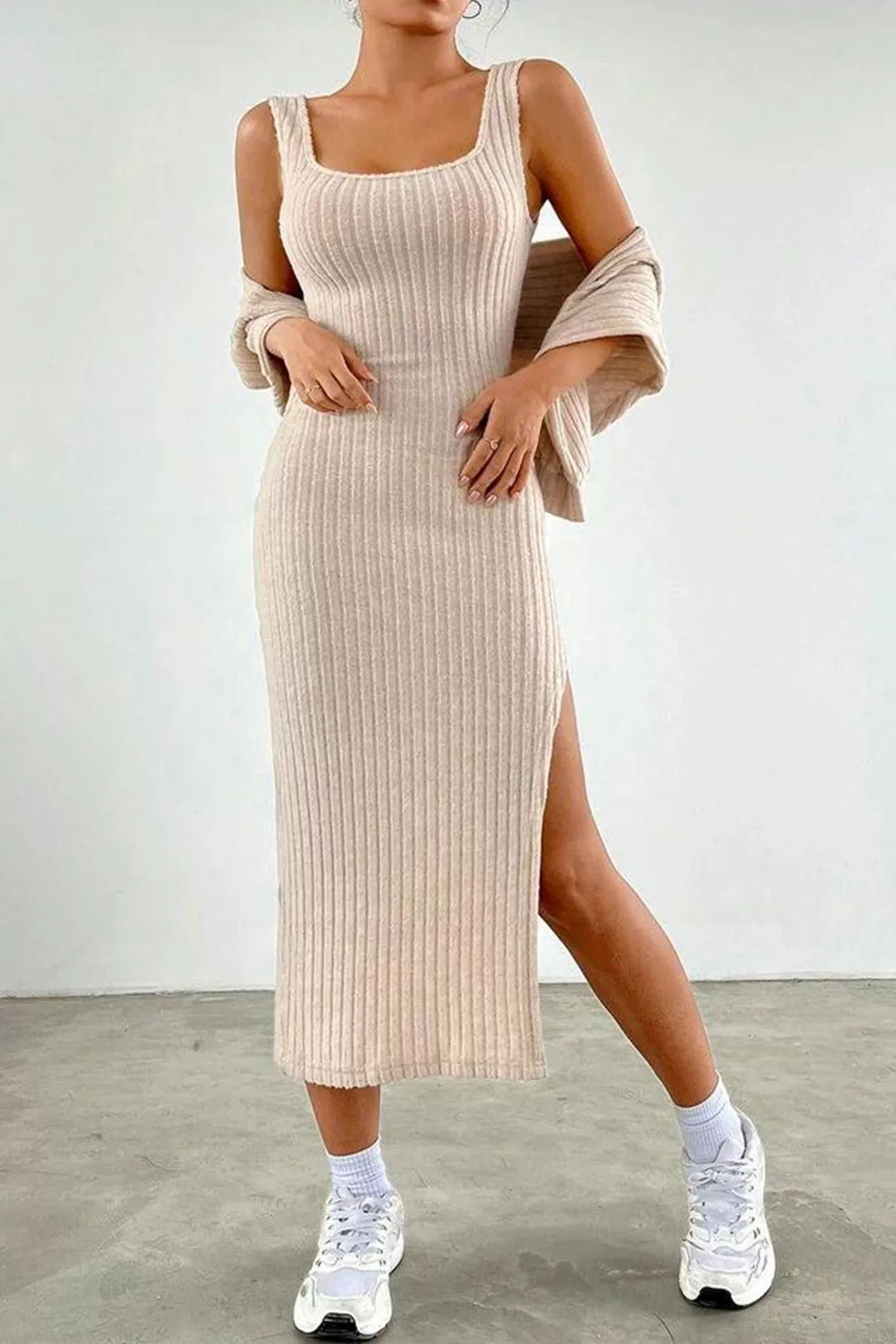 Taş Rengi Elbise Bluz Alt Üst Takım