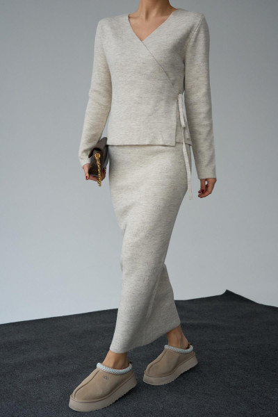 Taş Rengi Kruvaze Yandan Bağlamalı Etekli Takım