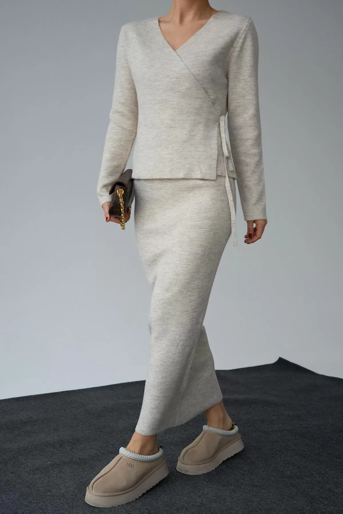 Taş Rengi Kruvaze Yandan Bağlamalı Etekli Takım