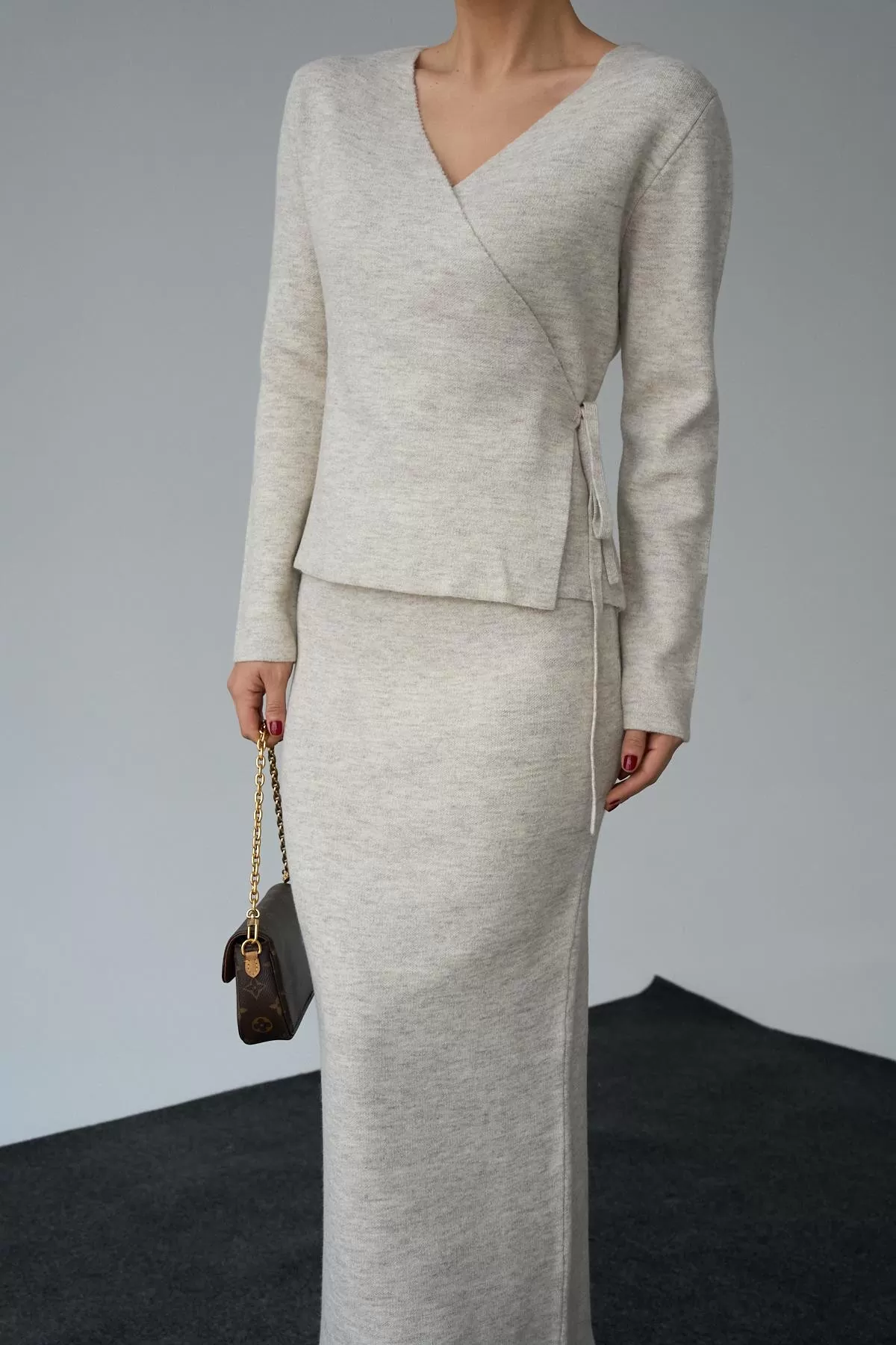 Taş Rengi Kruvaze Yandan Bağlamalı Etekli Takım