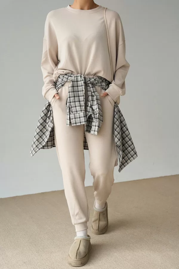 Taş Rengi Modal Kumaş Kadın İkili Takım