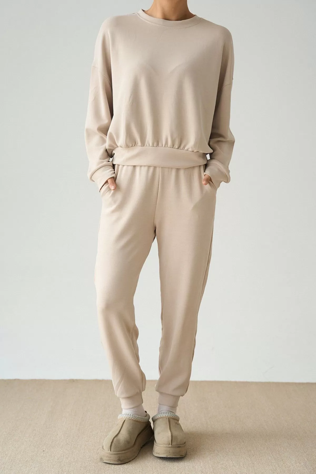 Taş Rengi Modal Kumaş Kadın İkili Takım