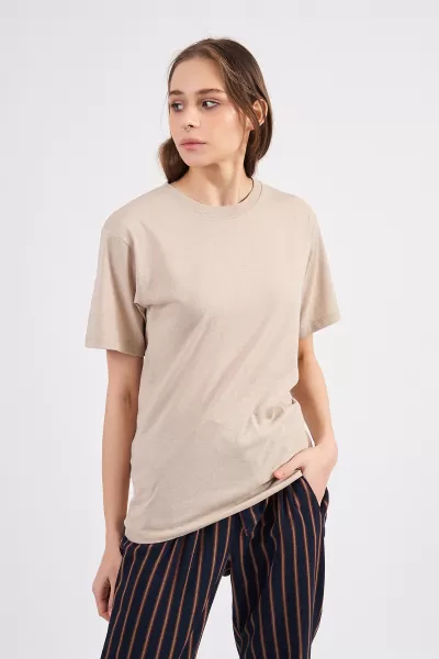 Taş Rengi Pamuklu Basic Kadın T-Shirt