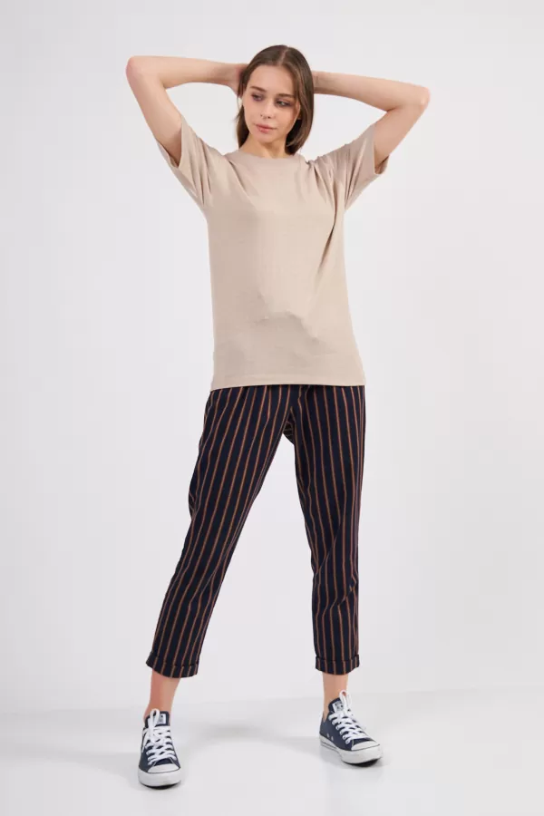 Taş Rengi Pamuklu Basic Kadın T-Shirt