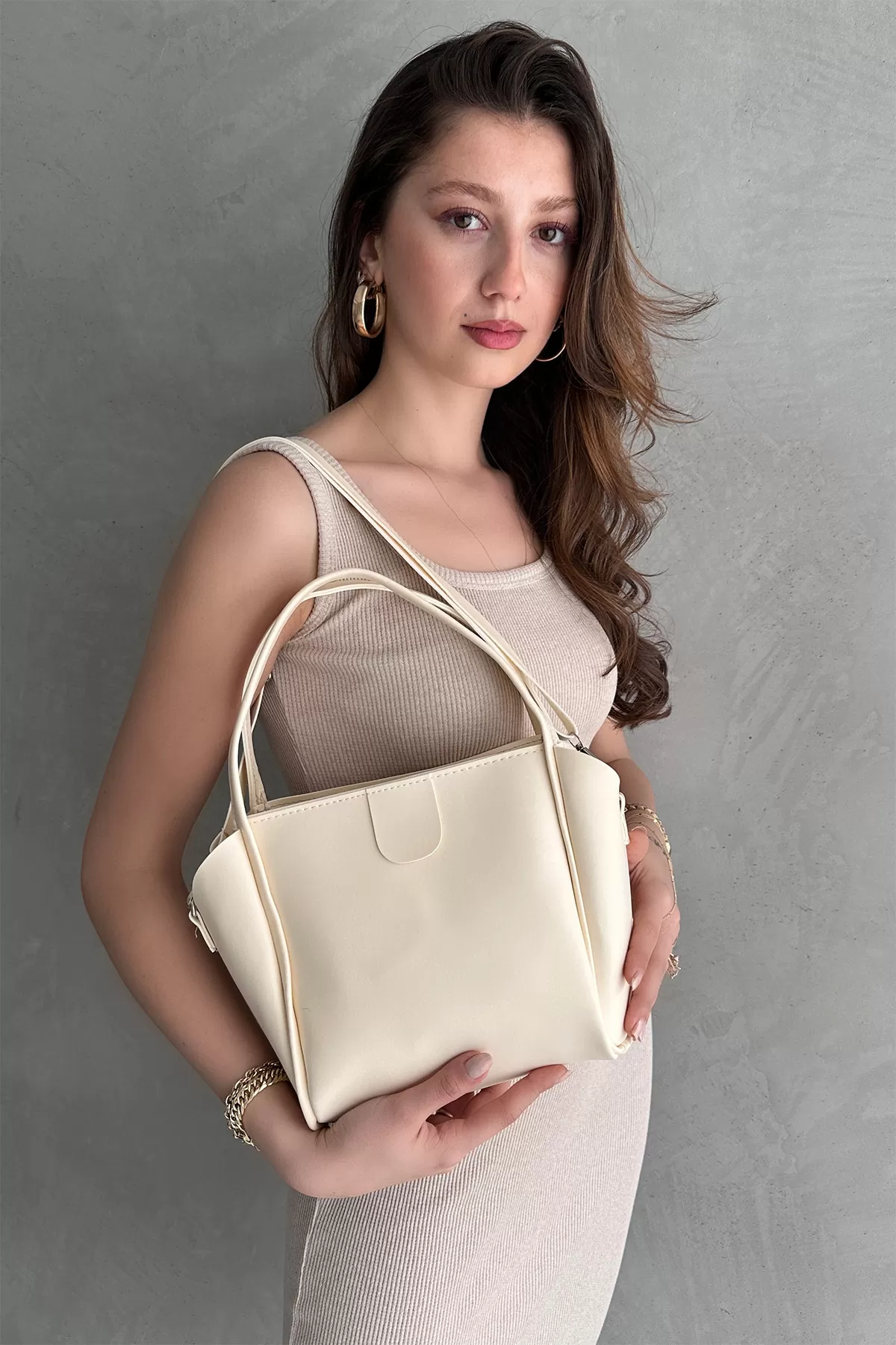 Taş Rengi Suni Deri Kadın Omuz Çantası