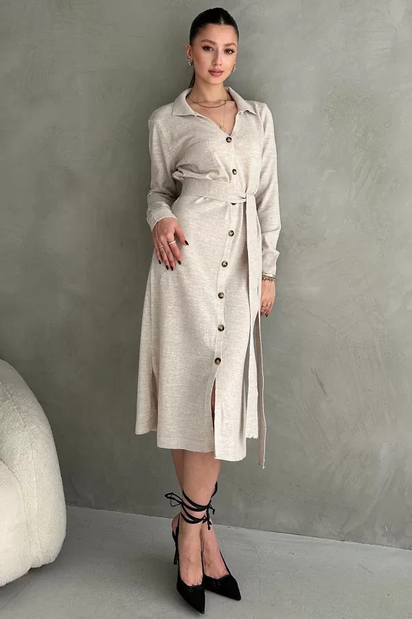 Taş Rengi Triko Gömlek Yaka Midi Elbise