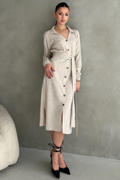 Taş Rengi Triko Gömlek Yaka Midi Elbise