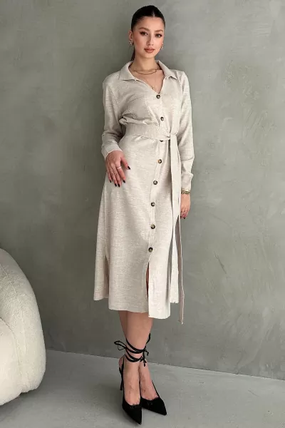 Taş Rengi Triko Gömlek Yaka Midi Elbise