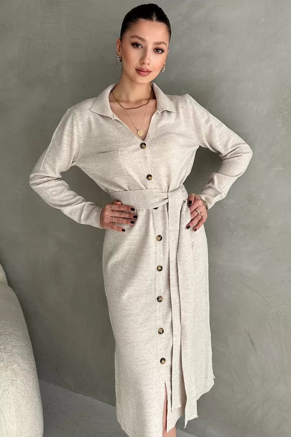 Taş Rengi Triko Gömlek Yaka Midi Elbise