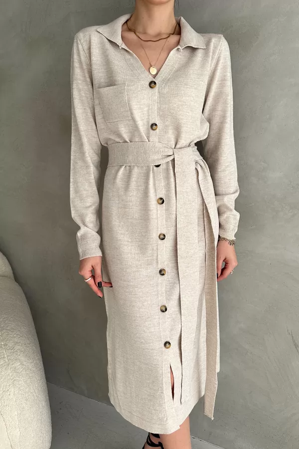 Taş Rengi Triko Gömlek Yaka Midi Elbise