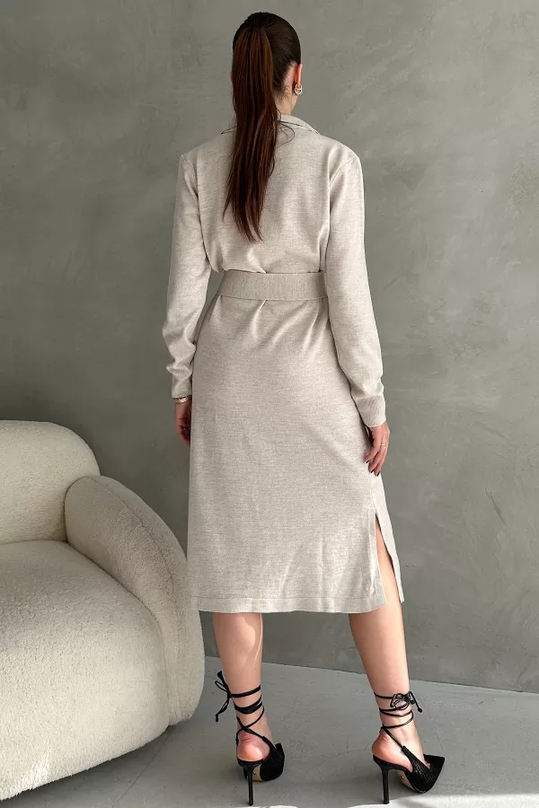 Taş Rengi Triko Gömlek Yaka Midi Elbise