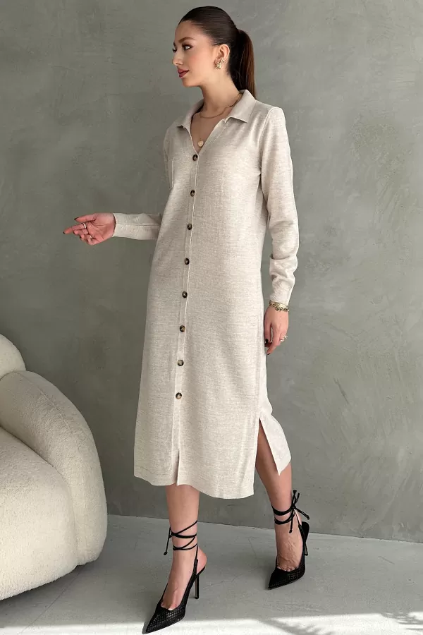 Taş Rengi Triko Gömlek Yaka Midi Elbise