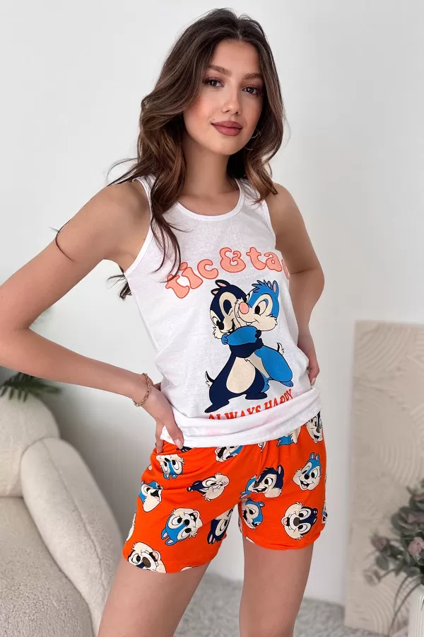 Turuncu Beyaz Pamuklu Şort Atlet Kadın Pijama Takımı