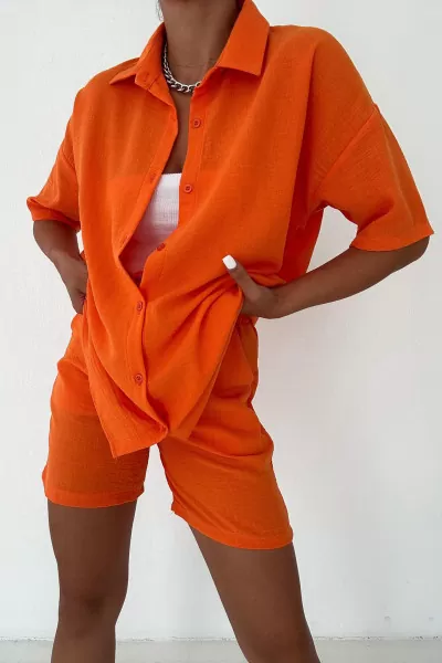 Turuncu Keten Gömlek Şort Kadın Takım