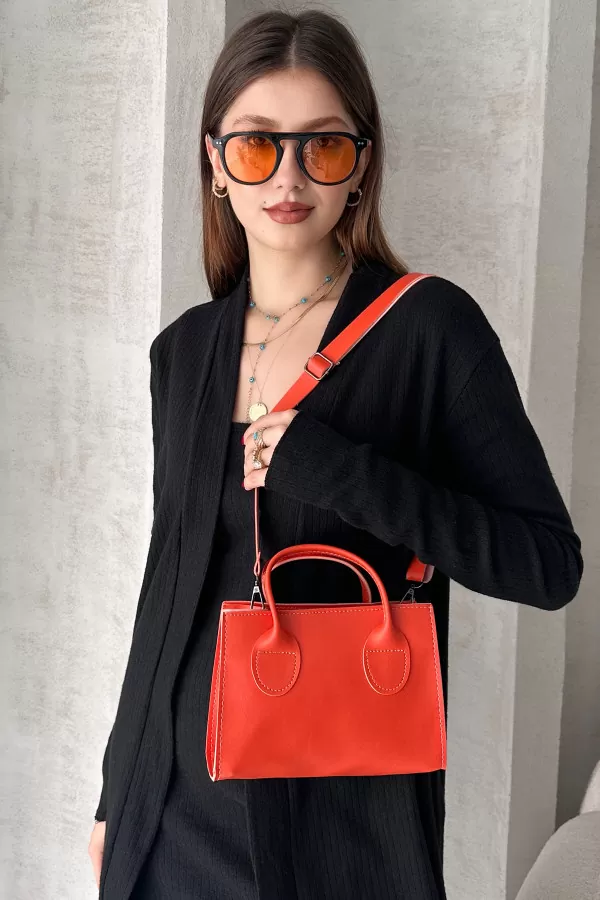 Turuncu Suni Deri Kadın Omuz Çantası