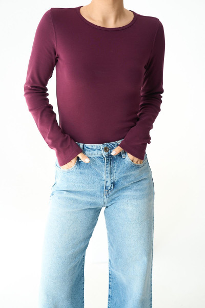 Uzun Kollu Bordo Örme Pamuklu Kadın Body