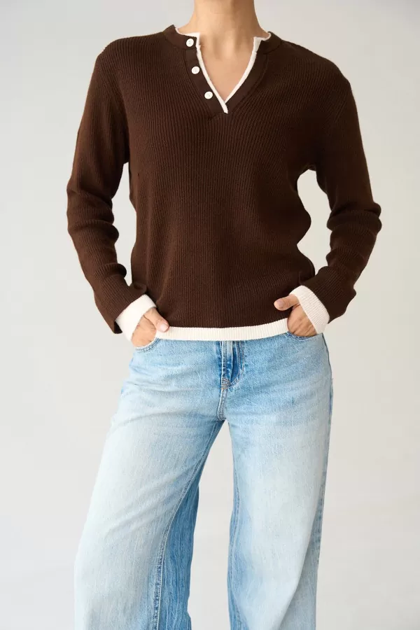 V Yaka Acı Kahve Triko Kadın Kazak