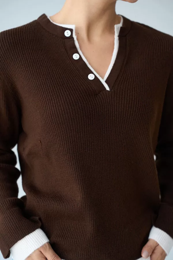 V Yaka Acı Kahve Triko Kadın Kazak