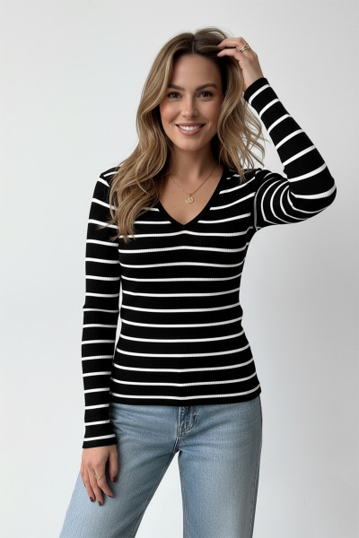V Yaka Beyaz Çizgili Siyah Bluz