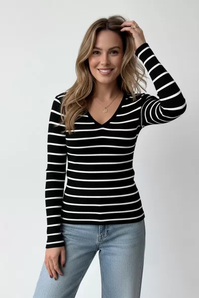 V Yaka Beyaz Çizgili Siyah Bluz