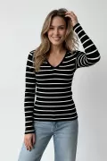V Yaka Beyaz Çizgili Siyah Bluz