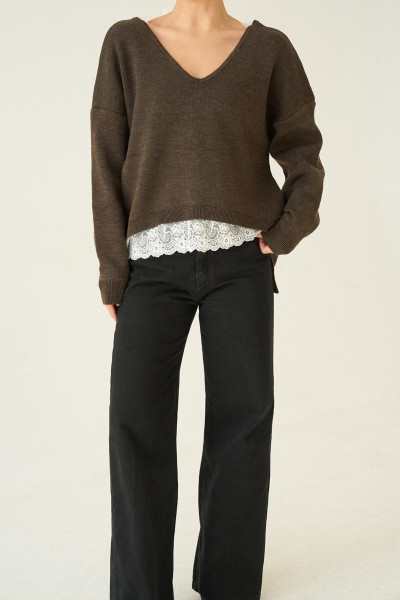 V Yaka Dantel Detaylı Kahve Melanj Triko Kadın Kazak