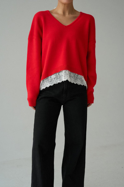 V Yaka Dantel Detaylı Kırmızı Triko Kadın Kazak