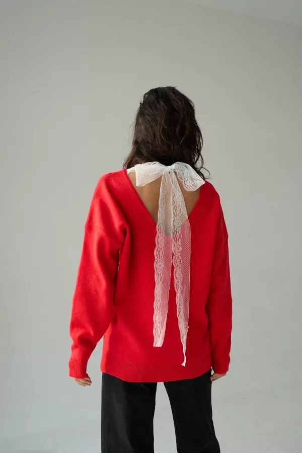 V Yaka Dantel Detaylı Kırmızı Triko Kadın Kazak
