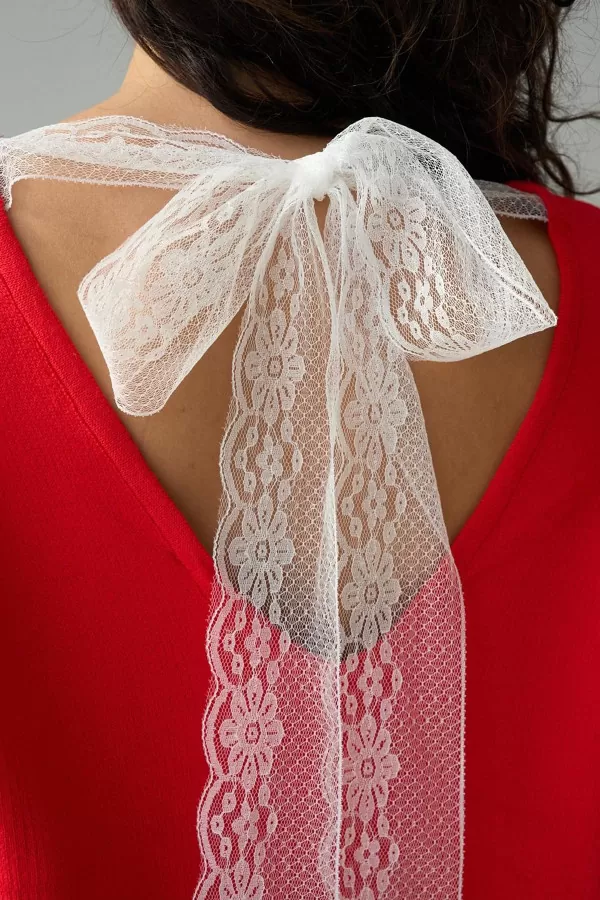 V Yaka Dantel Detaylı Kırmızı Triko Kadın Kazak