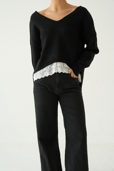 V Yaka Dantel Detaylı Siyah Triko Kadın Kazak