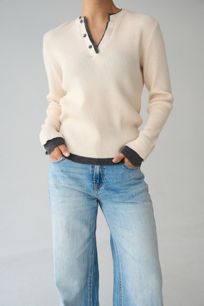 V Yaka Krem Triko Kadın Kazak