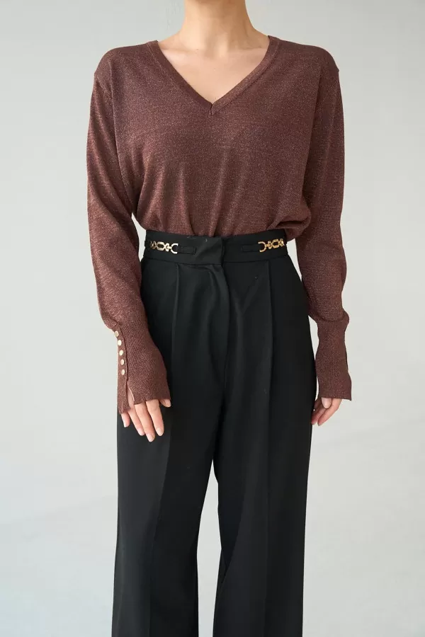 V Yaka Simli Kahverengi Kadın Kazak