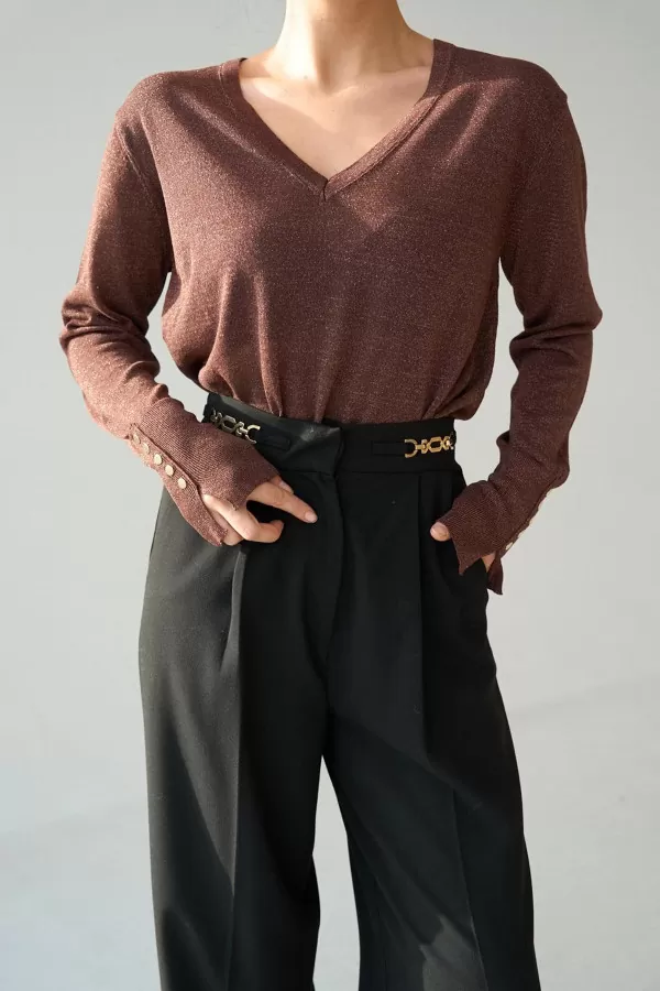 V Yaka Simli Kahverengi Kadın Kazak