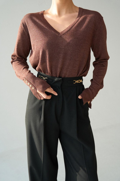 V Yaka Simli Kahverengi Kadın Kazak