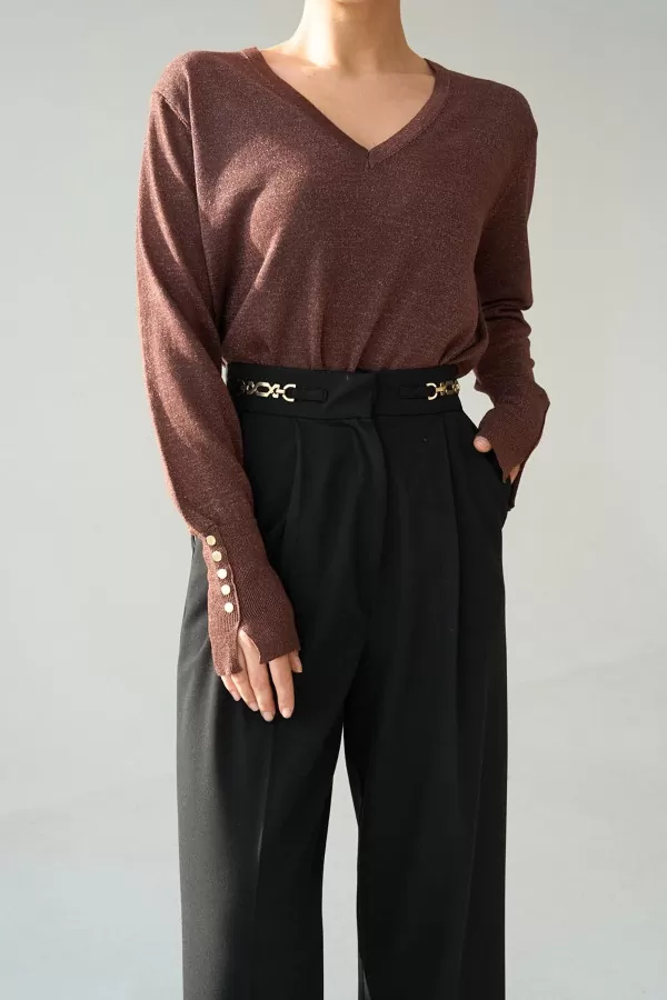 V Yaka Simli Kahverengi Kadın Kazak