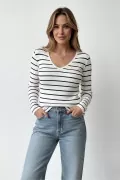 V Yaka Beyaz Çizgili Siyah Bluz