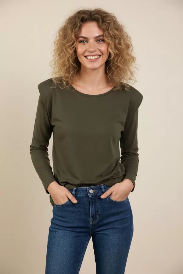 Vatkalı Pamuklu Haki Bluz