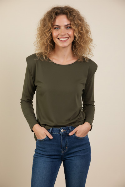 Vatkalı Pamuklu Haki Bluz