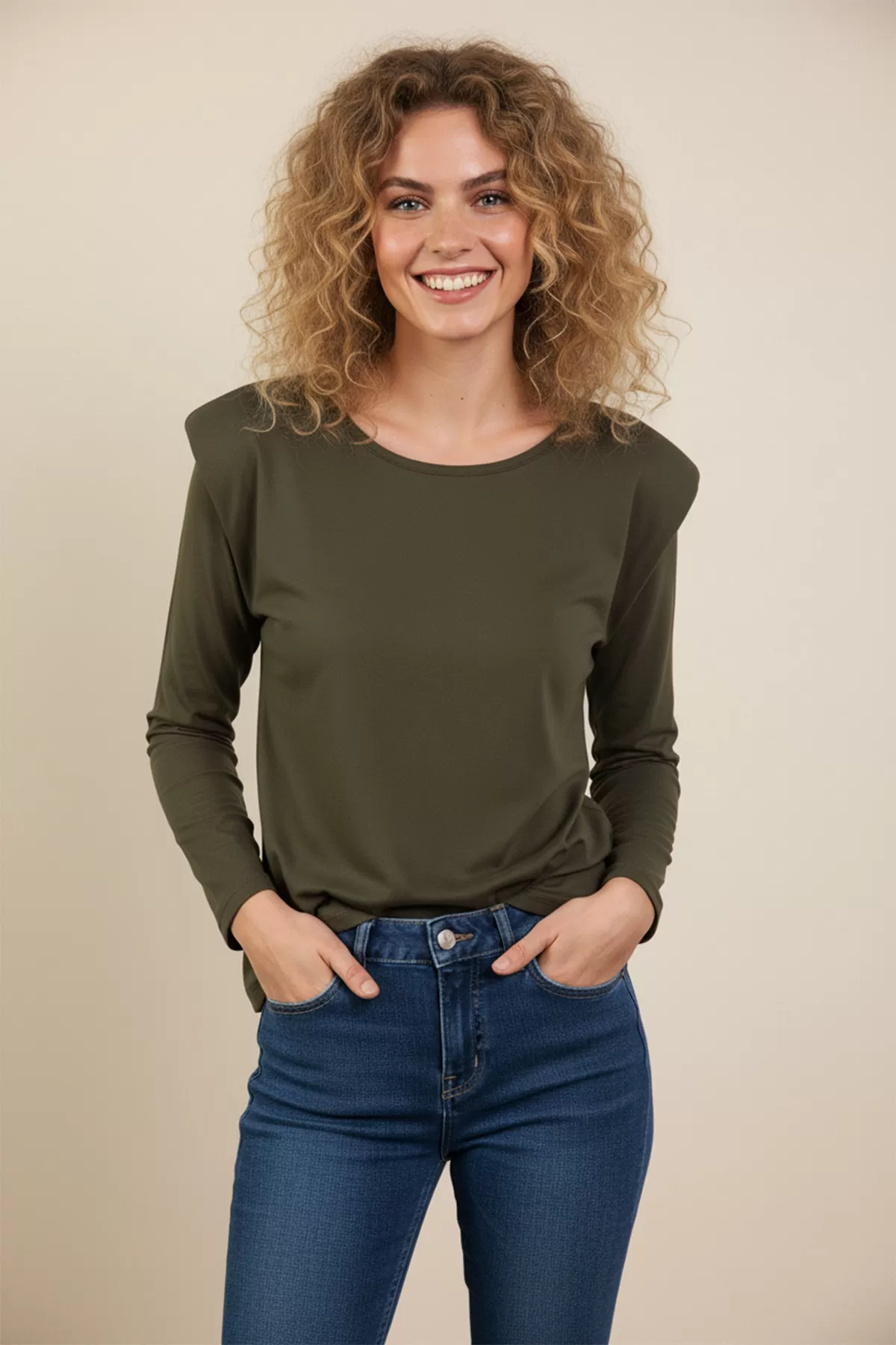 Vatkalı Pamuklu Haki Bluz