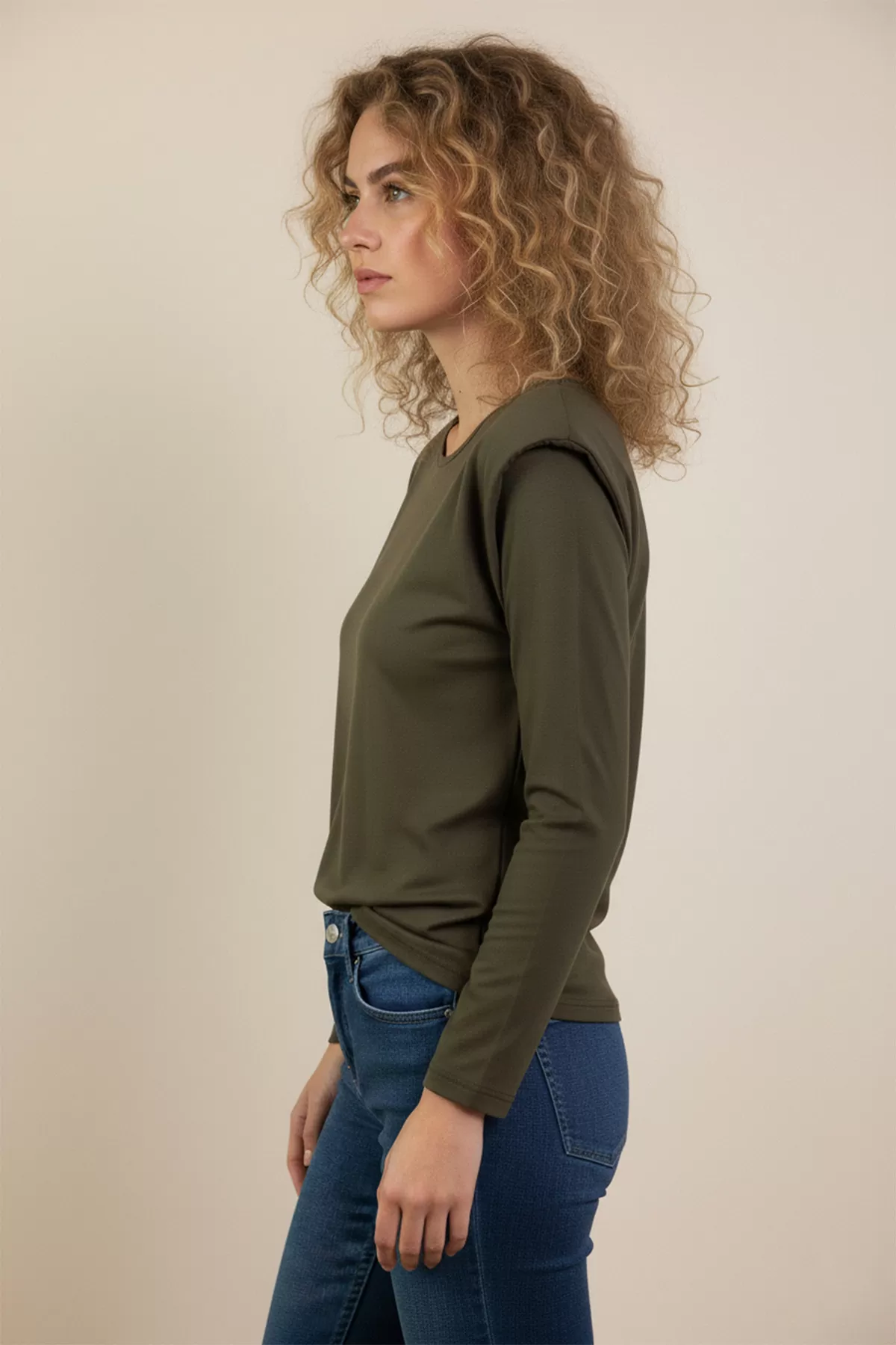 Vatkalı Pamuklu Haki Bluz