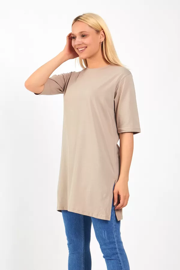Bej Pamuklu Uzun Kadın Tişört