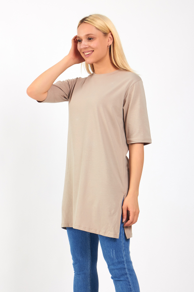 Bej Pamuklu Uzun Kadın Tişört