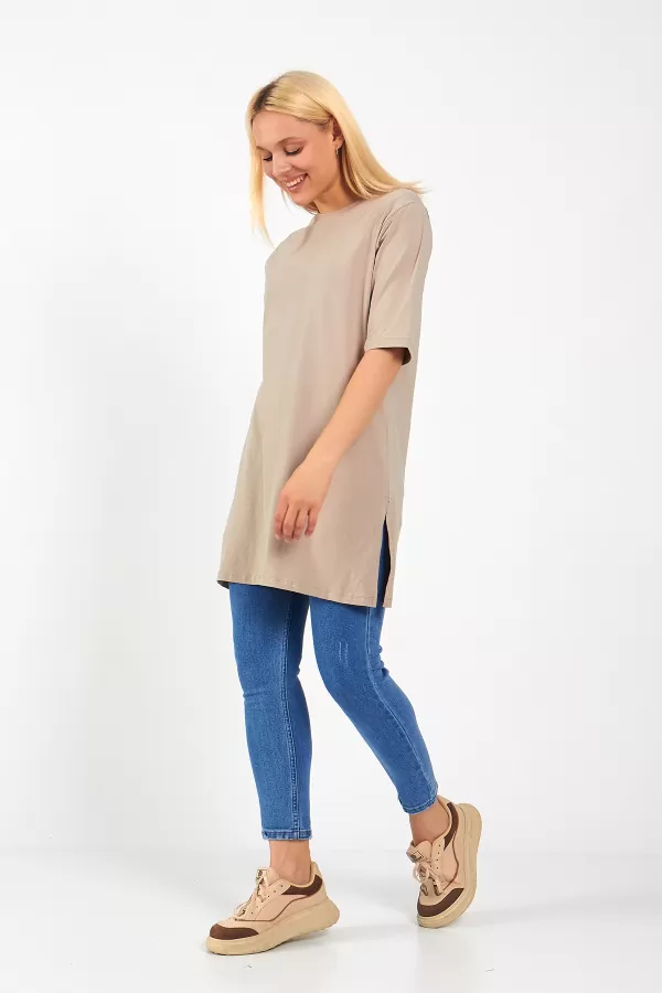 Bej Pamuklu Uzun Kadın Tişört